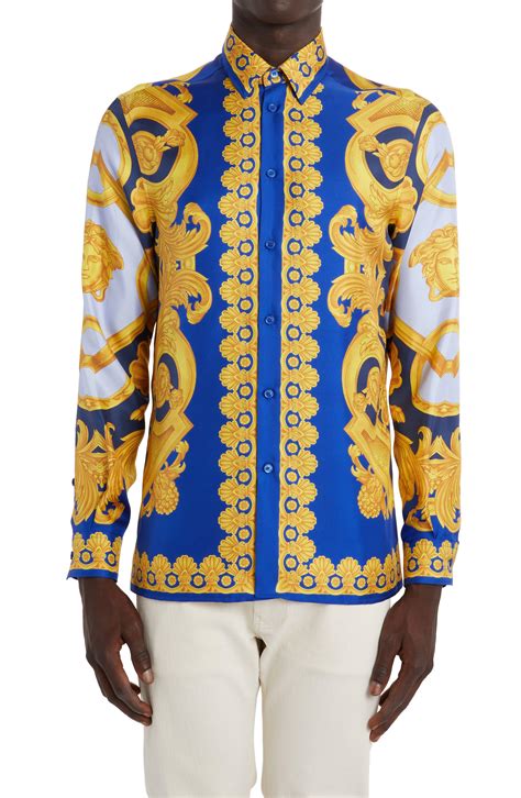 blue and white and gold versace button up shirt|Versace button up shirt men.